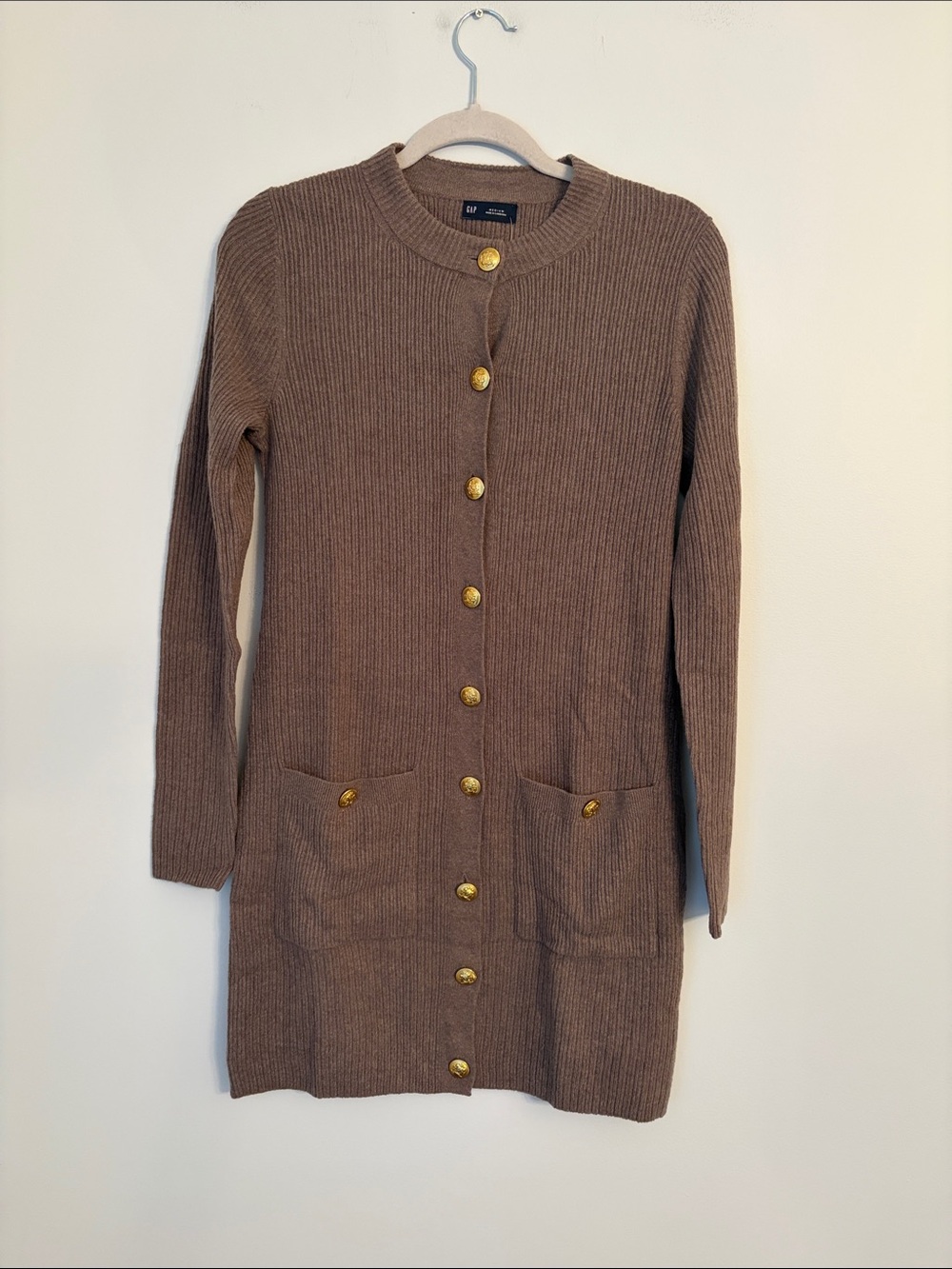 GAP Ribbed Taupe Crewneck Button Down Knit Women's Sweater Dress NWT